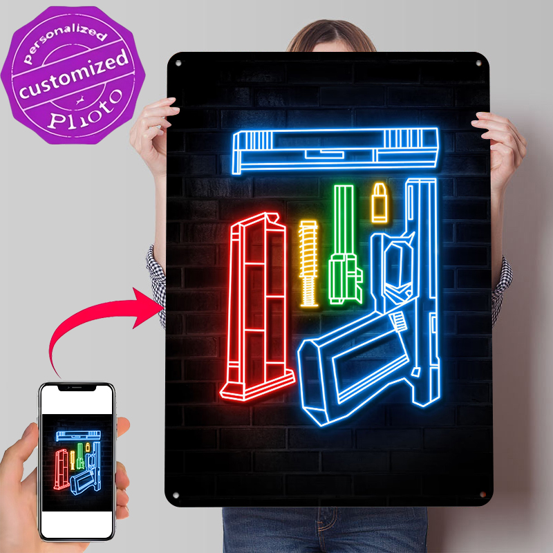 HANDGUN NEON ART Metal Poster  - Retro Gaming Bar recensione e prezzo