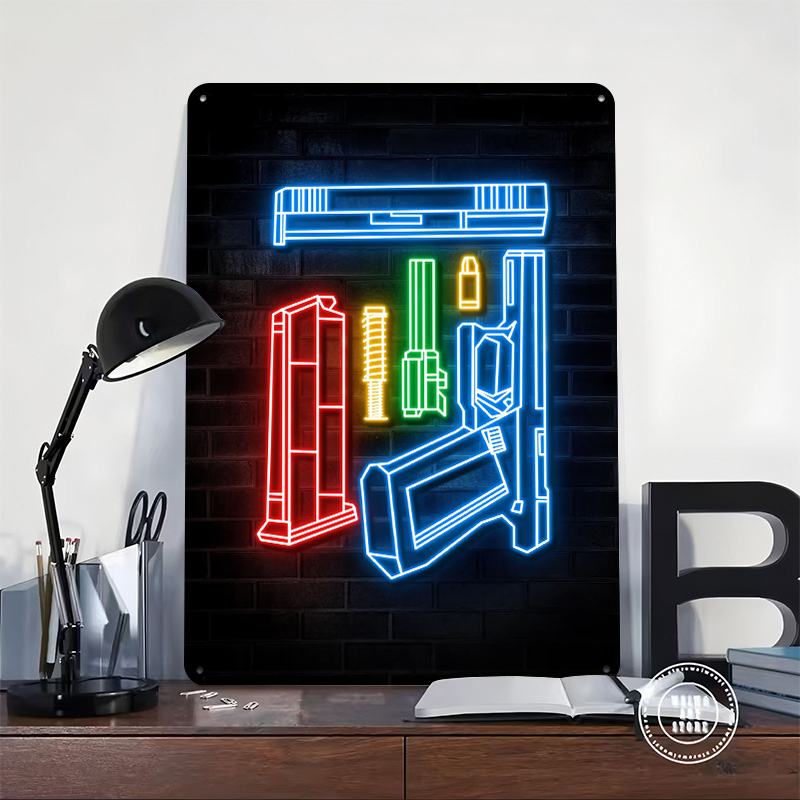 HANDGUN NEON ART Metal Poster  - Retro Gaming Bar recensione e prezzo