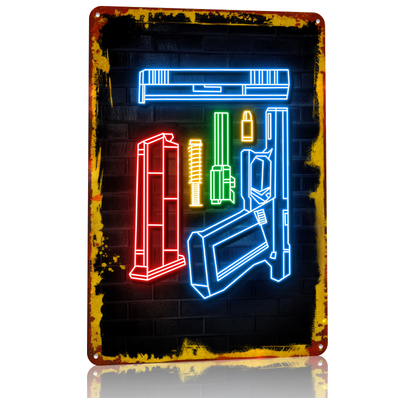 HANDGUN NEON ART Metal Poster  - Retro Gaming Bar recensione e prezzo