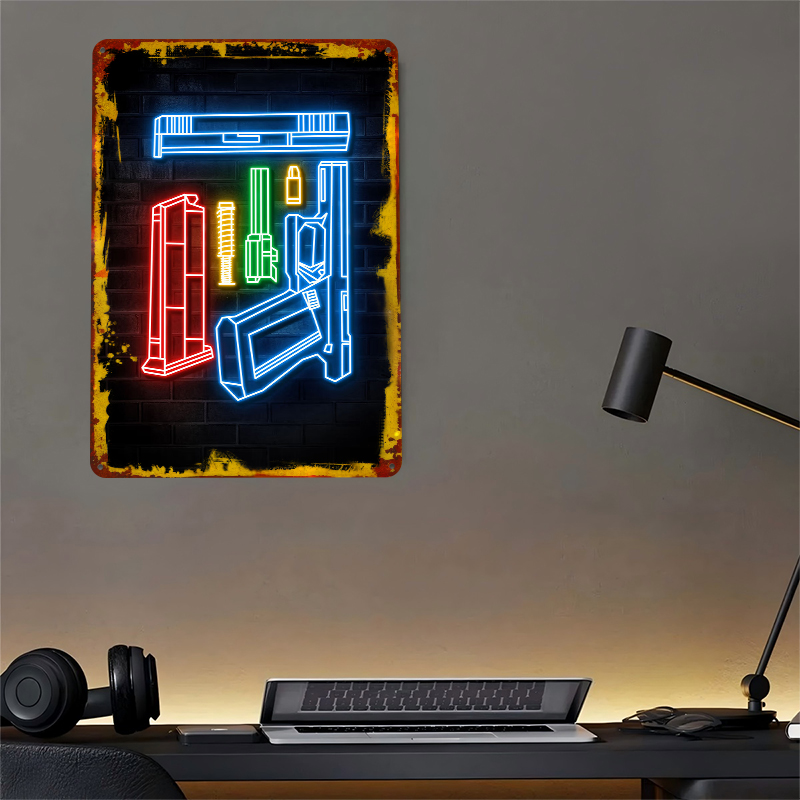 HANDGUN NEON ART Metal Poster  - Retro Gaming Bar recensione e prezzo